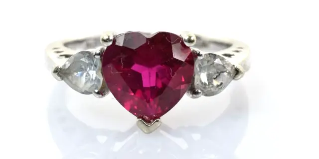 Ruby and White Sapphire Heart Ring 10k White Gold Size 7 - Lab Created