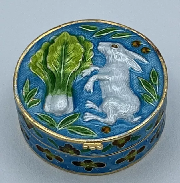 Vintage Sterling Silver And Enamel Rabbit & Vegetables Pill / Trinket Box