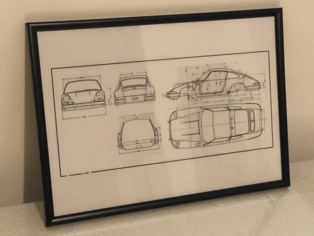 Quadro Illustrazione Tecnica PORSCHE 911 1967 Cornice Nera A3 Circa