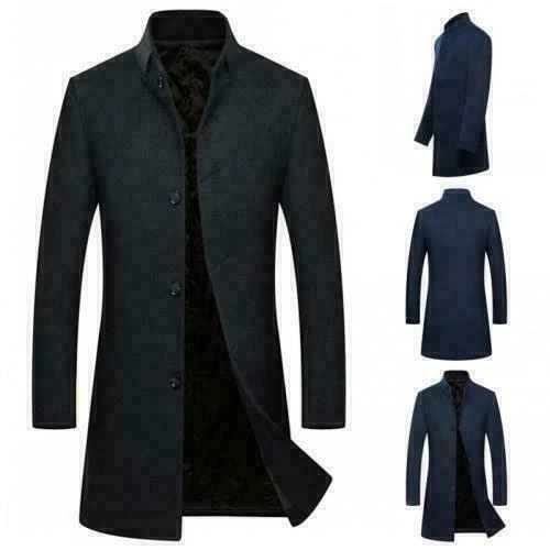 Winter Mens Stand collar Dress Slim Trench Coat Wool Blend Jacket Thicken Casual