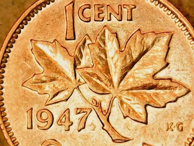 1947 Canada Cent AU Red-Brown Blunt 7 With Maple Leaf King George VI Penny