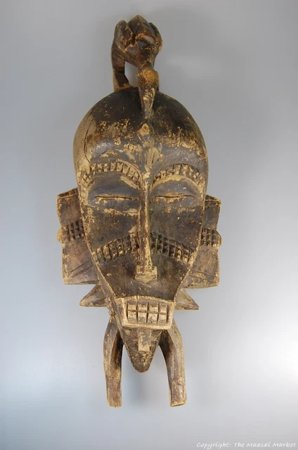 Senufo Kpelie African Cote d'Ivoire Tribal Mask Figure and Bird On Top 20"