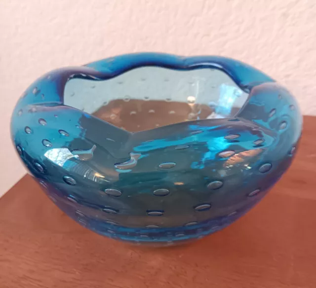 Hand Blown Art Glass Blue Bullicante Rose Bowl 5" x 3"