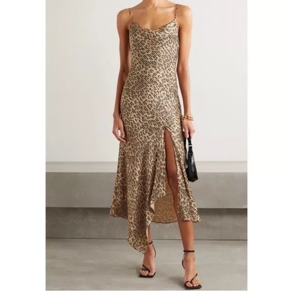 NEW Alice + Olivia Harmony Leopard Print Satin Asymmetrical Slip Dress Size 10