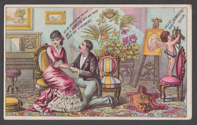 Domestic Sewing Machine trade card 1880s man proposes; cherub on wall phone