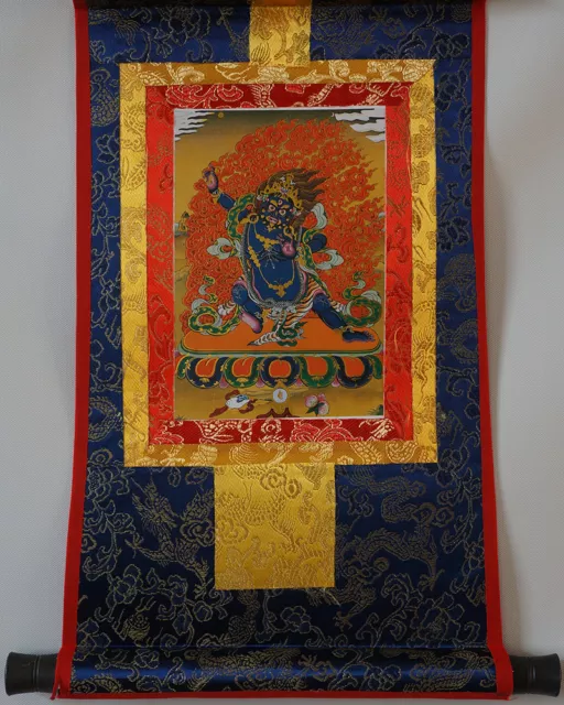 14"Silk Brocaded Golden Wood Scroll Tibet Thangka! Vajrapani, Force Of Buddha =