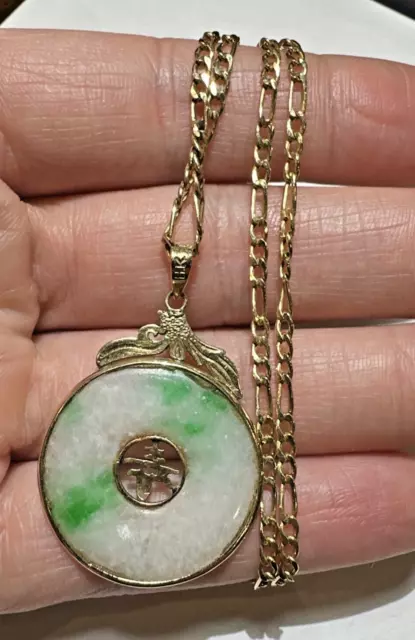 Vintage 14k Oro Amarillo Verde Apple Tallado Jadeíta Jade Donit Colgante G5