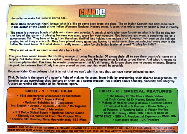 CHAK DE! INDIA Bollywood Film two-disc DVD set 2007 £20.83 - PicClick UK