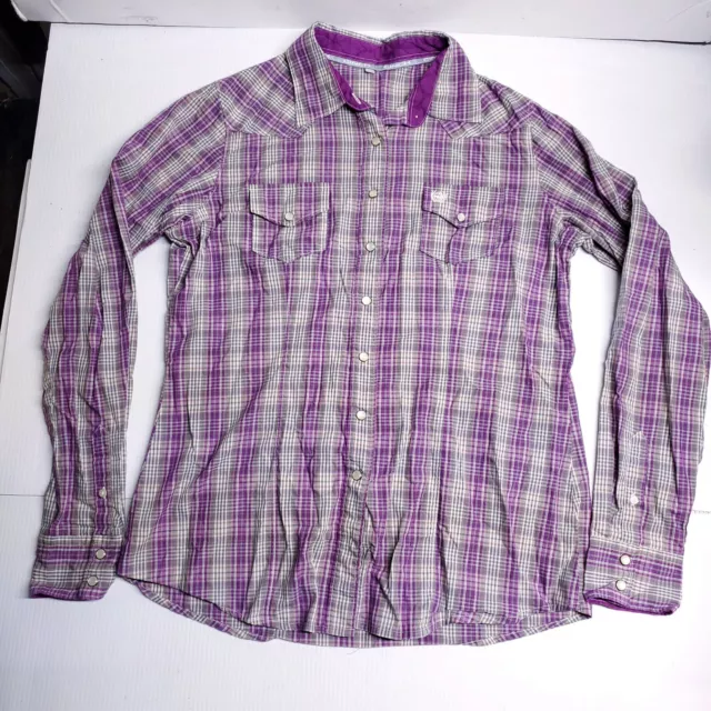 Cinch Womens Pearl Snap Button Up Shirt L Purple Plaid