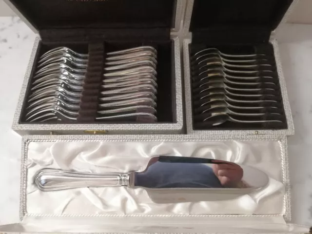 SPATOURS CHRISTOFLE 12 CAKE PIE forks Silver plated + SERVER + Coffee spoons BOX