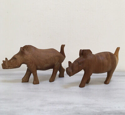 Lot of 2 Hand Carved Warthog Wild Boar Pig Vintage Wood Hardwood Figurine  4.5"