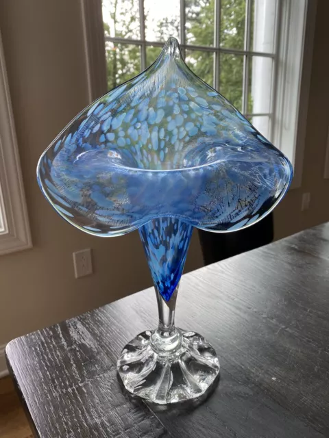 Art Glass Signed Joe Deanda Jack In The Pulpit Vase Iridescent Blues