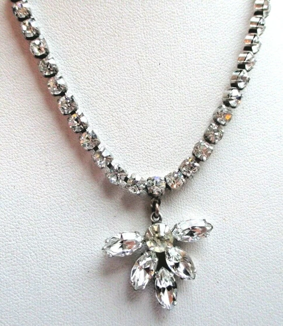 Collier Vintage Argenté, Pampille Cristaux Facettés, Longueur 56 Cm, Très Bon état