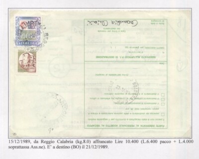 STORIA POSTALE castelli in bobina su BOLLETTINO PACCHI 1989 CIB_127 
