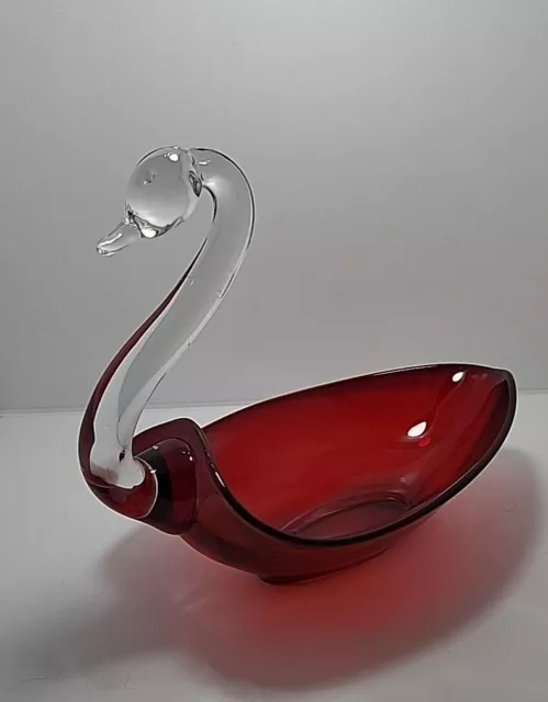 Ruby Red and Clear Glass Swan Dish Candy Trinket Decor 7.5 inches