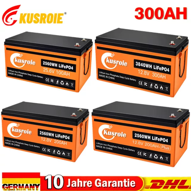 Kusroie 12V 24V LiFePO4 Akku 50Ah 100Ah 200Ah 300Ah Lithium Batterie für Solar