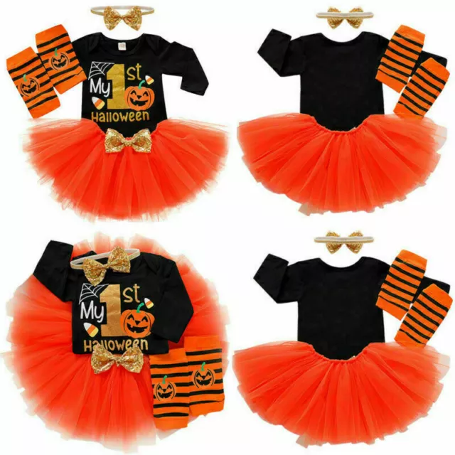 Newborn Baby Girl Kids 1st Halloween Pumpkin Tulle Tutu Dress Costume Outfit Set