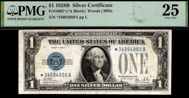 1928B $1 Silver Certificate Star PMG 25 popular blue seal star Fr 1602*