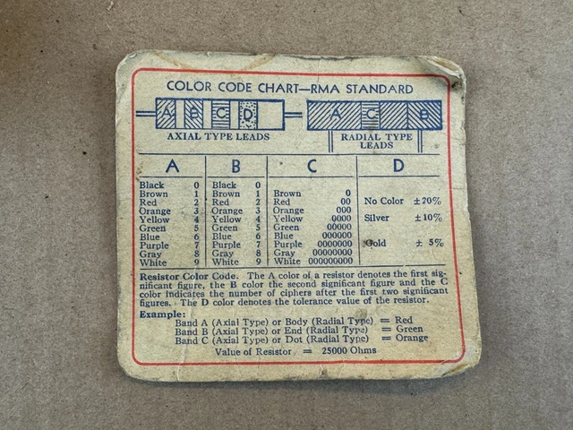 VINTAGE 1950S SYLVANIA Tubes Resistor Color Code Chart Indicator Guide ...