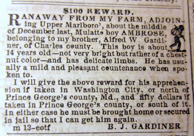 1856 DC newspaper illustrated RUNAWAY SLAVE AD fm Prince Georges County MARYLAND
