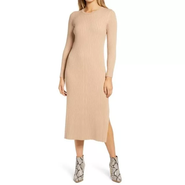 WAYF X BFF NEW $79 Hollie Long Sleeve Sweater Dress in Camel Small