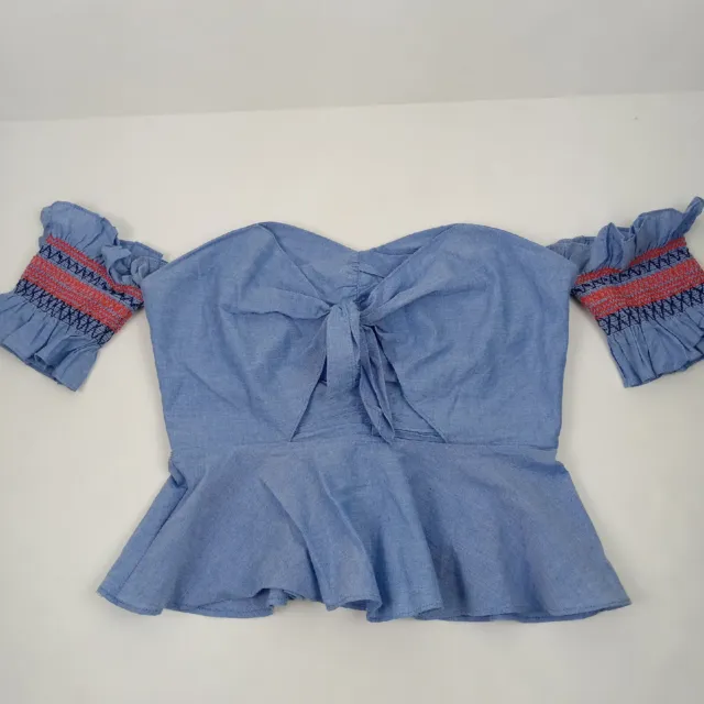 Red Carter Crop Top XS/S? (No Tag) Blue Chambray Embroidery Off Shoulder