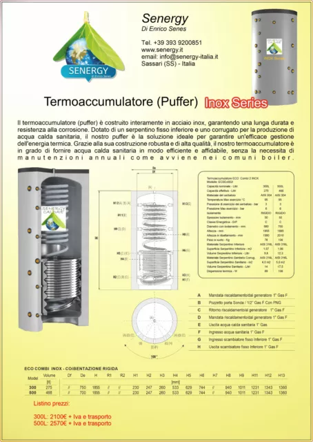 Boiler Puffer Inox Accumulo Eco-Combi 2 Scambiatore Per A.c.s. E Solare