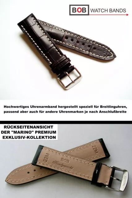 BOB MARINO Handmade ECHTLEDERUHRBAND Mokkabraun Kompatibel mit Breitling 22 mm