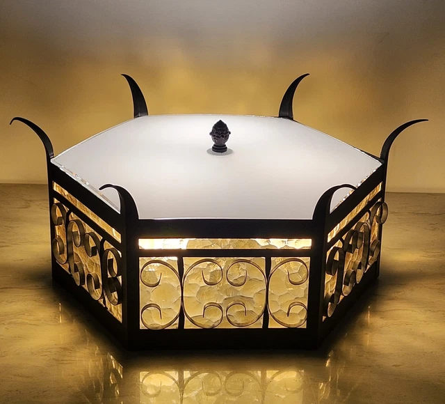 Vintage Spanish Revival Wrought Iron Ceiling Light Flush Mount 60s 3 Light Glass