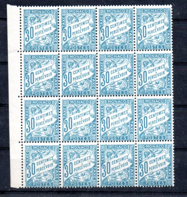 MONACO -- Bloc de 16 Timbres Taxe  30 c. bleu -- BdF latéral -- Neufs **