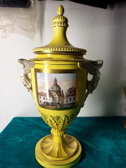 Dresdner Porzellan Pokal Vase, Potschappel Prunkvase mit Deckel Frauenkirche