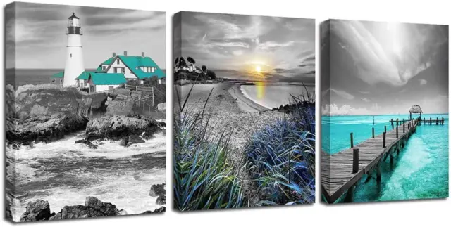 Ardemy Teal Ocean Canvas Wall Art Summer Seascape Blue Painting Lighthouse Coast