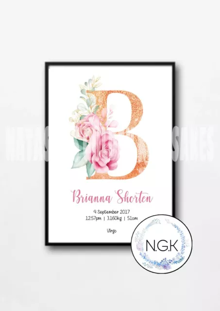 A2 size - Personalised Initial Birth Announcement Prints