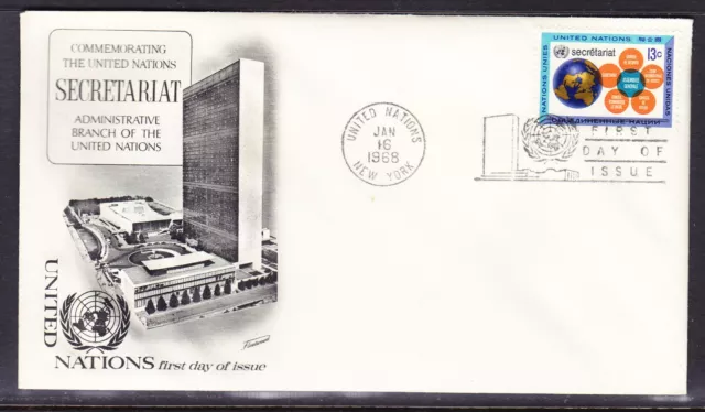 United Nations "Fleetwood"  - 1968 - 13c Secretariat Single  First Day Cover UNN