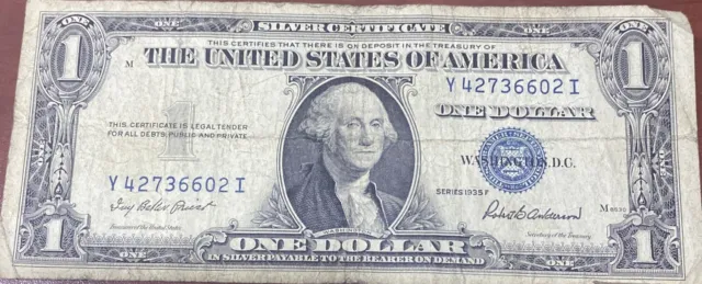 Blue United States Silver Certificate $1 Bill 1935F Series Decent Condition