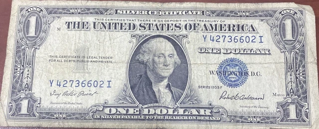 Blue United States Silver Certificate $1 Bill 1935F Series Decent Condition