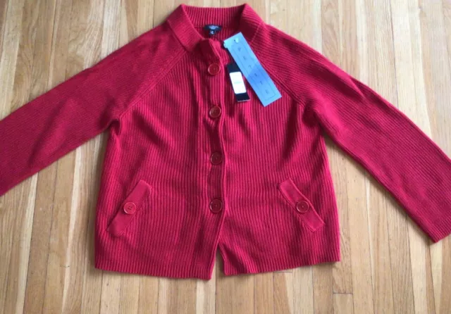 Talbots Womens Cardigan Sweater Red Ribbed Cotton Button Down  SZ Petite Med NWT