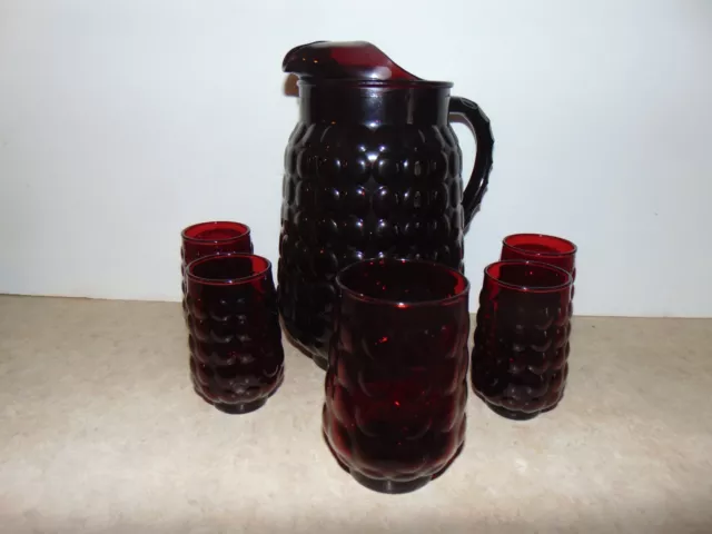 SALE Anchor Hocking Ruby Red Bobble Pitcher + 4 juice glasses + 1 water glass