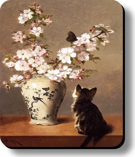 Mouse Pad Painting Cat Butterfly on Flower Non-Slip 1/8in or 1/4in Thick