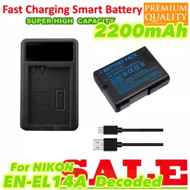 Decoded Battery + Lcd Charger for Nikon EN-EL14 EL14a ENEL14 D5300 D5500 D5600