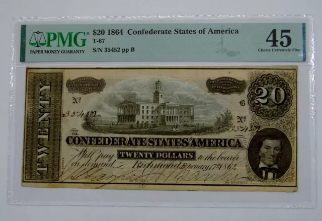 1864 $20 Confederate States CSA $20 Note T-67 - PMG Choice EF 45