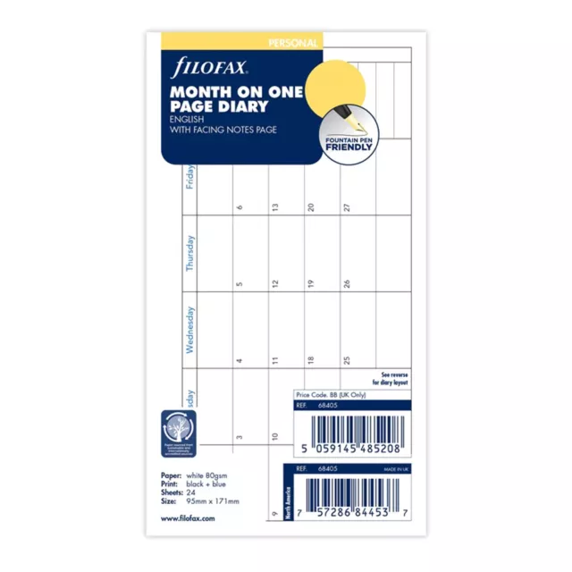 Filofax Personal Refill 2024 Month Per Page English Horizontal - 68405