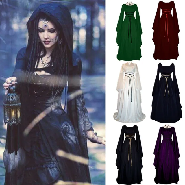 Womens Medieval Gothic Long Dress Witch Renaissance Halloween Cosplay Costume