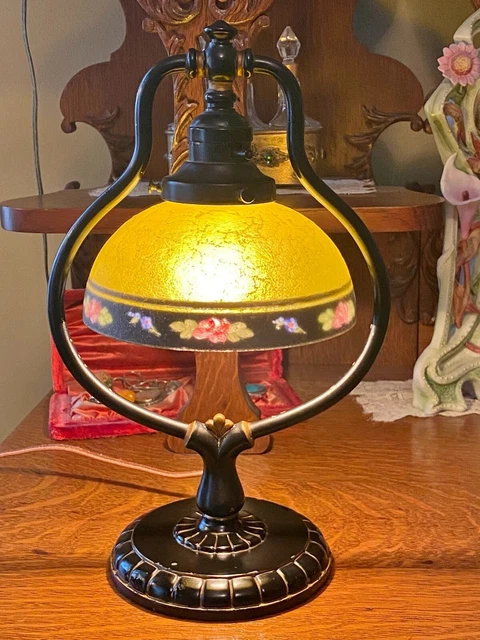 Gorgeous 1920’s Hard-To-Find Handel Harp Desk Lamp #6919; Chipped Ice R.P. Shade