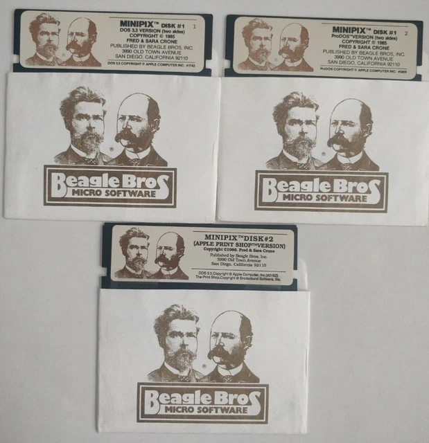 1985 Beagle Bros MINIPIX Disk #1 & #2 Set - Apple II DOS 3.3 & PRODOS 5.25"