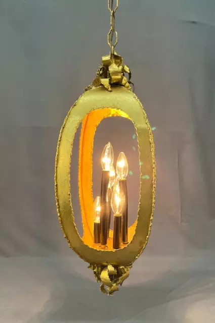 Mid-Century Italian Brutalist Gilt 5-Light Pendant Light Fixture; Tom Greene