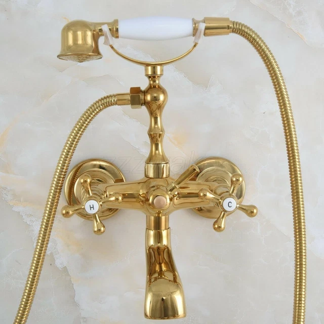 Gold Color Brass Claw-foot Bathtub Faucet Wall Mount Tub Filler Handheld Shower