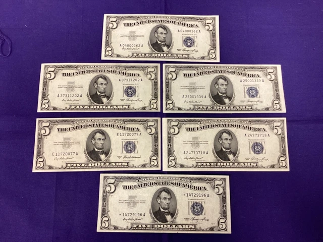 LOT: (6) 1934 Five Dollar Silver Certificate $5 Bill Blue Seal Notes - STAR NOTE