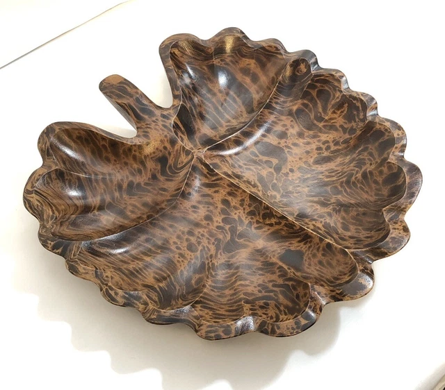 Mango Wood Leaf Shape Divided Serving Dish Hand Carved Scalloped Bowl Monkey Pod