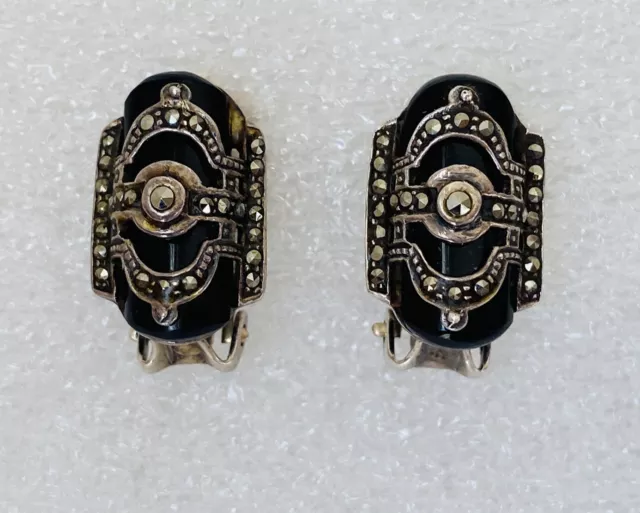 Vintage Antique Art Deco Sterling Silver Black Onyx & Marcasite Clip On Earrings